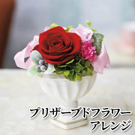 プリザーブドフラワーアレンジ サイズ(約)＝幅10×奥行6×高さ12cm 素材＝花材／プリザーブド：バラ(赤系・ピンク系)、アジサイ 造花(カーネーション・アジサイ・グリーン)：ポリエステル、ポリエチレン他 花器／陶器 リボン付
