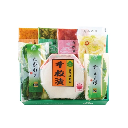 お歳暮のし付き ＜京都もり＞京漬物詰合せ 冬 千枚漬80g、九条ねぎ130g、青しそ大根1／4本、きざみ白菜75g、梅香漬・しそ香々・抹茶大根 各40g