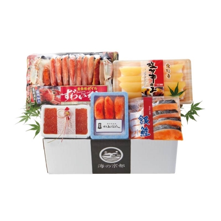 お歳暮のし付き 海の幸5種盛 贅沢セット ボイルズワイガニハーフポーション500g、いくら100g、辛子明太子120g、銀鮭50g×4、数の子200g