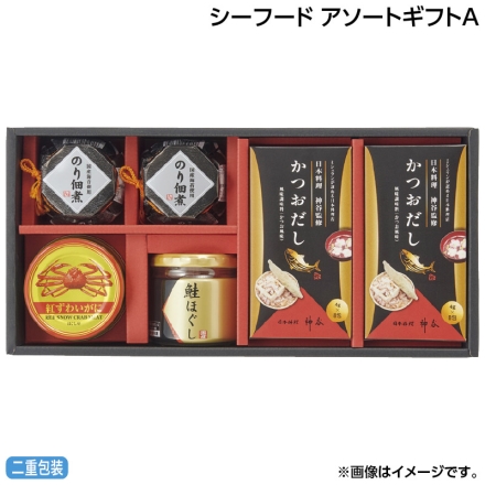 お中元のし付き シーフード アソートギフトＡ のり佃煮80g×2、かつおだし(4g×8)×2、紅ずわいがにほぐし身55g、鮭ほぐし50g 御中元 夏ギフト ギフト 贈答