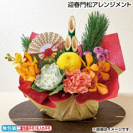 迎春門松アレンジメント サイズ（約）＝幅30×奥行20×高さ25cm 素材＝花材／カーネーション、ピンポンマム、スプレーマム、モカラ、葉牡丹、松、竹