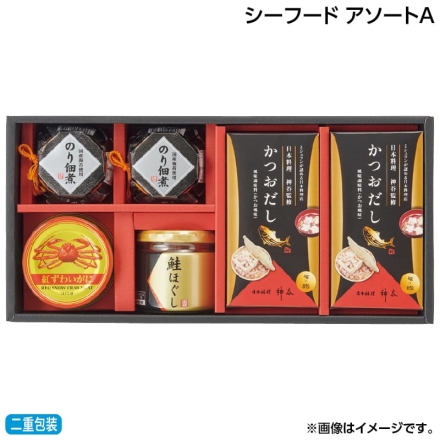 お歳暮のし付き シーフード アソートギフトＡ のり佃煮80g×2、鮭ほぐし50g、紅ずわいがにほぐし身55g、かつおだし（4g×8）×2