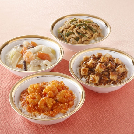 赤坂四川飯店 陳建一監修 本格丼ぶり4種食べ比べ 麻婆豆腐丼、エビチリ丼、中華丼、チンジャオロース丼