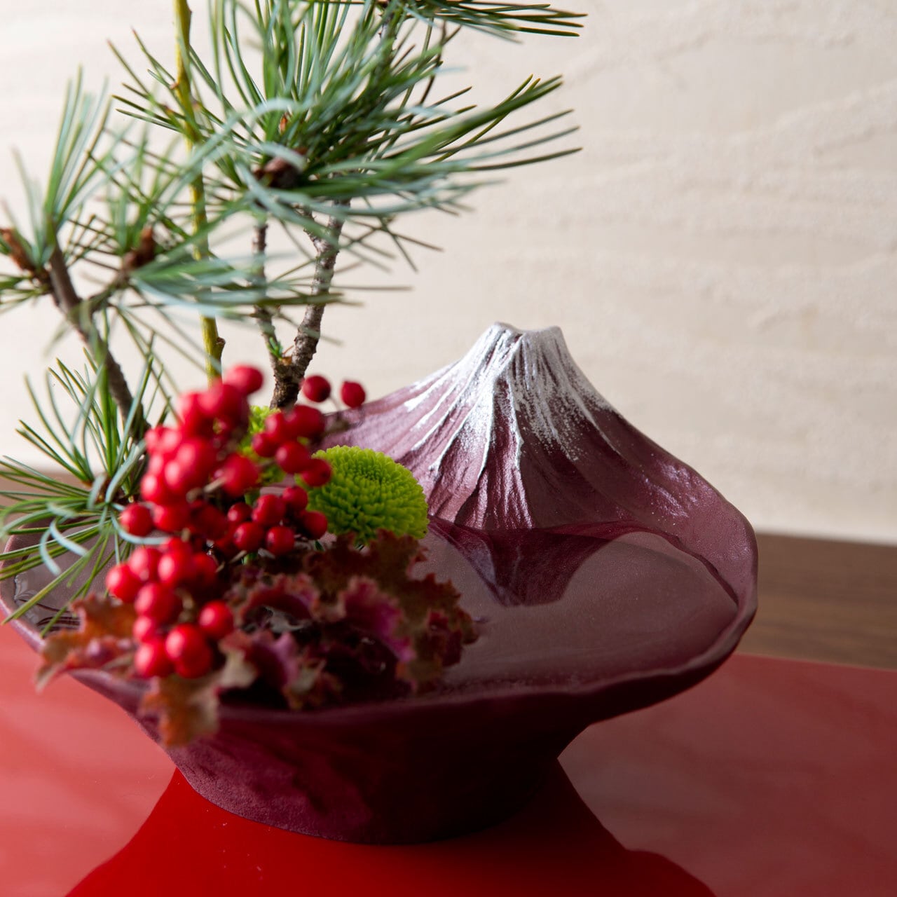さかさ富士　花器　赤富士