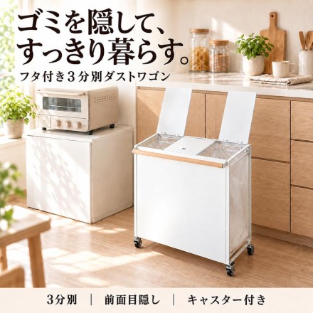 フタ付き3分別ダストボックス ホワイト キャスター付