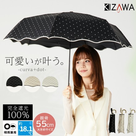 J型ハンドル 軽量 ドット柄 日傘 折りたたみ 晴雨兼用 ブラック