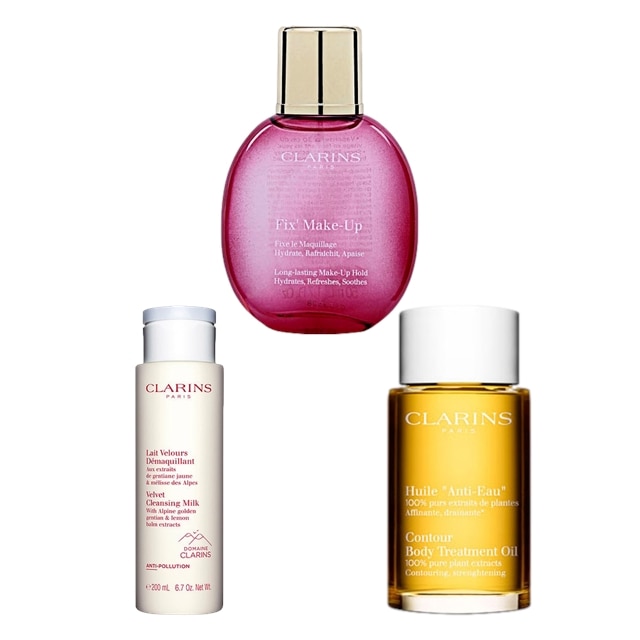 クラランス ボディオイル アンティオー 100ml とフィックス メイクアップ 50ml とベルベット クレンジング ミルク 200ml のセット