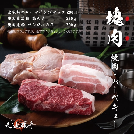 塊肉厳選３種（焼肉・BBQ用）約750ｇ 2～4人前 ソロキャンプにも最適