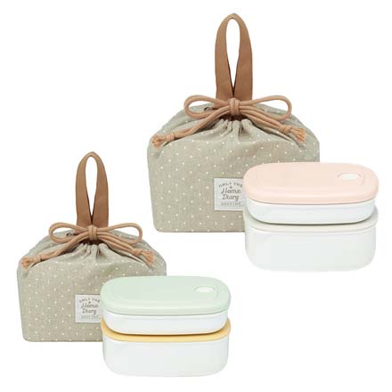 巾着付ランチセット 弁当箱 520ml 冷蔵 冷凍 電子レンジ 食洗機 くすみピンクとグレー