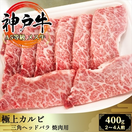 A5等級メス牛 神戸牛 極上カルビ 400g（200g×2パック） 2～4名様用 三角バラ 黒毛和牛 神戸ビーフ 焼肉用