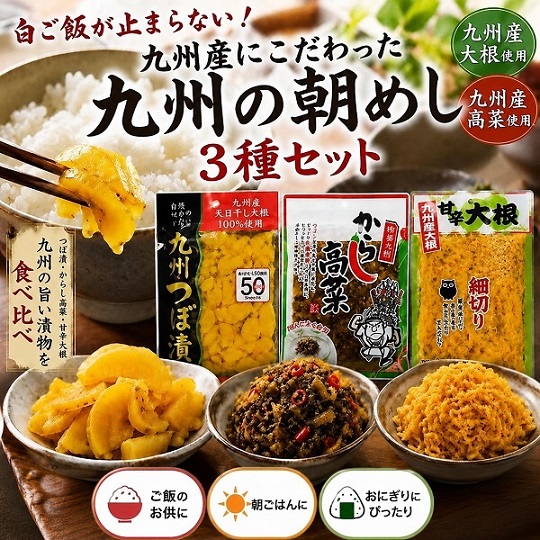 九州産 朝めし3種漬け物詰合 つぼ漬130g からし高菜90g 甘辛大根150g
