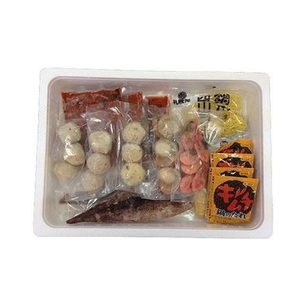 北海道 海鮮キムチ鍋 白菜キムチ100g×3、ボイル海老6尾、ボイル帆立3個、かに入つみれ3個、えび入つみれ3個、とりごぼうつみれ3個、油揚げ2枚、ツボ抜きいか100g×2、冷凍生ラーメン80g×1、たれ(濃縮：キムチ仕立て)30g×4