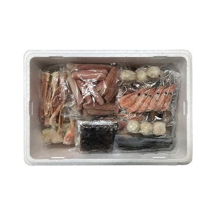 かにちり鍋 ズワイガニ 蟹鍋 ゆでずわいがにカット1kg、生たらばがにカット600g、生ずわいがに棒ポーション400g、ボイル海老×24、ボイル帆立×12、かに入つみれ×12、助宗鱈切身40g×6、ツボ抜きいか100g×3、だし用昆布5g×2、ポン酢たれ30g×8、紅葉おろし10g×8