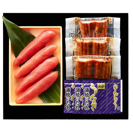 丑の日 うなぎ蒲焼切身 無着色辛子明太子詰合せ うなぎ蒲焼切身（九州産）50g×3、たれ（山椒付き）×3、無着色辛子明太子200g（ロシア又はアメリカ産）