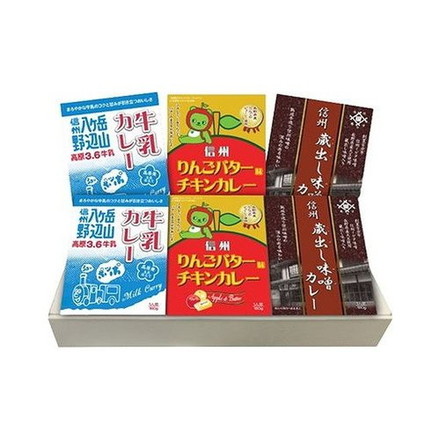 長野 信州カレー 牛乳カレー1人前（180g)X2、りんごバター味チキンカレー1人前（180g)×2、蔵出し味噌カレー1人前（180g)×2