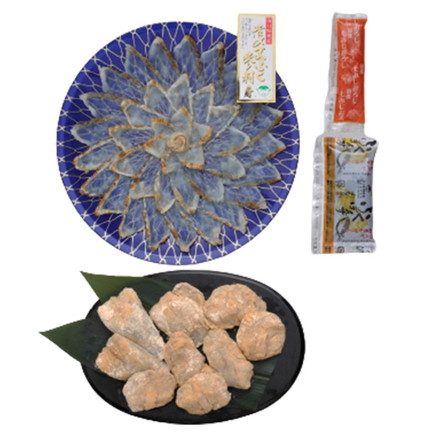 福岡 ふく太郎本部 ふく炙り刺身とふくから揚げ まふく炙り刺身80g、プラスチック皿22cm、ふぐから揚げ粉付き200g、ポン酢35g、モミジオロシ16g
