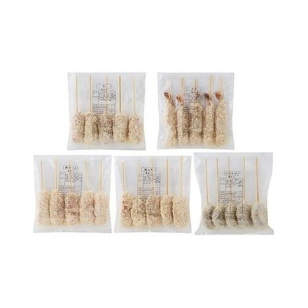 大阪名物 串カツ 豚ロース串カツ25g×5(計125ｇ）、牛串カツ25g×5（計125ｇ）、鶏ムネ串カツ30g×5（計150ｇ）、エビ串カツ 22g×5（計110ｇ）、椎茸串カツ25g×5 （5種・計25本）