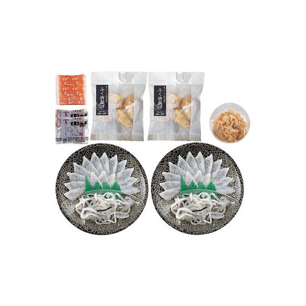 「関とら本店」 ふく薄造りとふく唐揚げセット 真ふぐ霜降り刺身(17cm皿)20g×2、とらふぐ皮20g×2、ふぐ唐揚げ(油調済・骨付)80g×2、とらふぐ塩辛60g、ふくポン酢10g×2、もみじおろし10g×2
