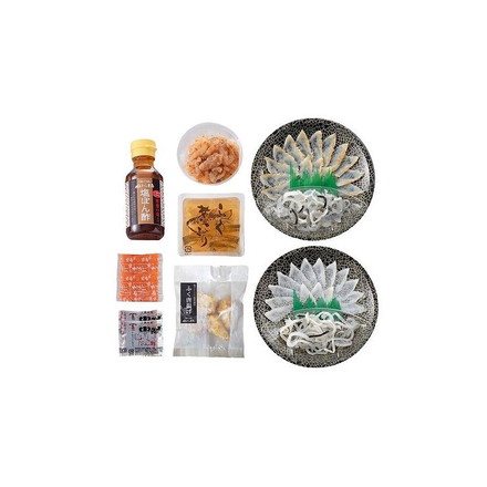 「関とら本店」 ふくバラエティセット 真ふぐ霜降り刺身（17cm皿）20g、真ふぐたたき刺身(17cm皿)20g、とらふぐ皮20g×2、ふぐ煮こごり100g、ふぐ唐揚げ(油調済・骨付き)80g、とらふぐ塩辛60g、塩ポン酢100ml、ふくポン酢10g×2、もみじおろし10g×2