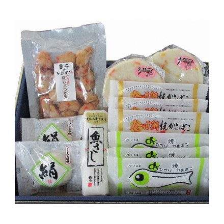 福島 「貴千」 かまぼこ詰合せ 鮮 とうふの蒲鉾絹×2個、魚さし100g×1本、紅しょうが天130g×1袋、めひかり焼かまぼこ×3枚、金目鯛焼かまぼこ×3枚、白蒸しかまぼこえび×2枚