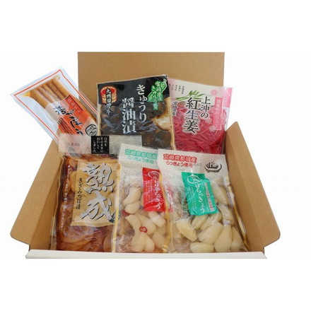宮崎 上沖産業 宮崎発 ご当地漬物詰合せ 甘らっきょう80ｇ、ピリ辛らっきょう80ｇ、きゅうり醤油漬100ｇ、つぼ漬け150ｇ、ごぼう醤油漬け150ｇ、紅生姜50ｇ×各1