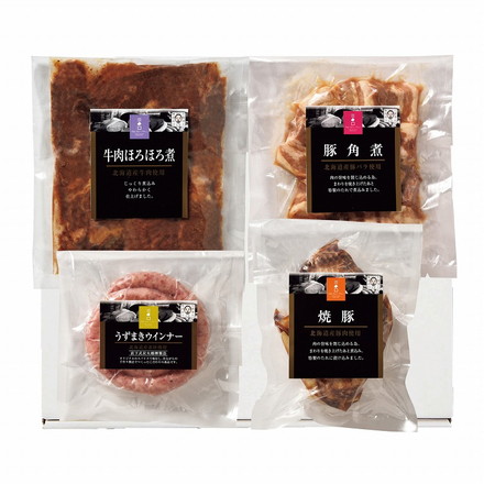 北海道 三國推奨 ミートデリカ 4個 焼豚 角煮 ウィンナー 三國推奨牛肉ほろほろ煮220g×1、三國推奨焼豚270g×1、三國推奨豚角煮190g×1、三國推奨うずまきウインナー120g×1
