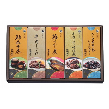 岐阜 創業明治10年「鵜舞屋」 昆布巻詰合せ 鮎昆布巻190g×1、牛肉しぐれ70g×1、鮎すがた煮75g×1、牛肉ごぼう味噌煮70g×1、ひとくち昆布巻にしん入り100g×1
