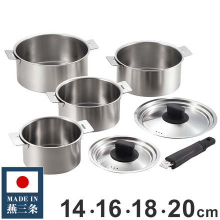 丸山技研 日本製 燕三条 ハンドル着脱式鍋4点セット 14cm・16cm・18cm・20cm SE-28 創燕 IH対応 ガス火OK 着脱式 鍋 ステンレス鍋 国産