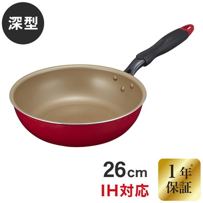 evercook IH ガス 対応 フライパン 26cm 深型 レッド オール熱源対応 1年保証 ふっ素コーティング 26cm深型