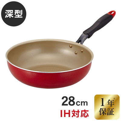 evercook IH ガス 対応 フライパン 28cm 深型 レッド オール熱源対応 1年保証 ふっ素コーティング 28cm深型