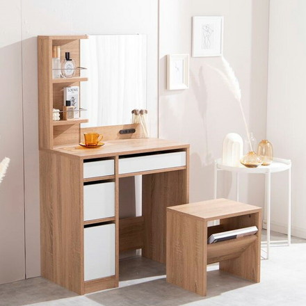 ドレッサー デスク 1面鏡 幅70cm 見せる棚付き 2口コンセント スツール付き 大容量 収納 ツートン 木製