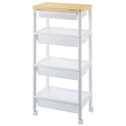 不動技研 ウッドテーブルワゴン WTW-4HS 引き出しバスケット付 ホワイト F2492