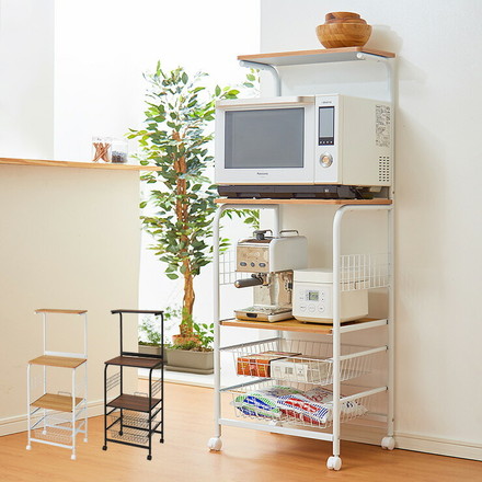 キャスター付きレンジワゴン 幅51.5cm 高さ140.5cm ブラック/ブラウン(14637)