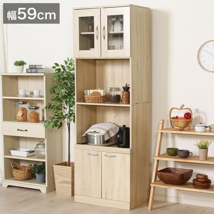 キッチンボード 幅59cm 食器棚 ホワイトオーク 木目調 ガラス扉 スリム 収納 レンジ台 スライド棚