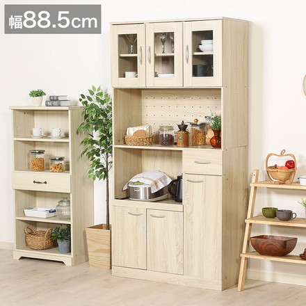 キッチンボード 幅88.5cm 食器棚 ホワイトオーク 木目調 ガラス扉 大容量収納 引き出し レンジ台 スライド棚