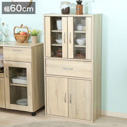 キッチンキャビネット 幅60cm ミドルサイズ ホワイトオーク 木目調 北欧 ガラス扉 食器棚 キッチン収納 大容量