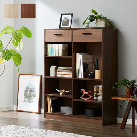 引き出し付き本棚 幅90 奥行29 高さ112 ミディアムブラウン