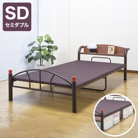 ベッド 木製棚付き パイプベッド セミダブル ブラウン 宮棚付き 耐荷重160kg ベッドフレーム 頑丈パイプ