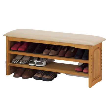 玄関ベンチ 腰掛け 椅子 スツール 木製 棚 2段 下駄箱 シューズラック 幅90cm ガタつき防止 アジャスター