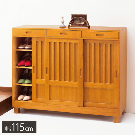 和風引き戸シューズボックス 3枚扉 天然木 幅115 奥行38 高さ95 シューズラック 下駄箱 靴箱 玄関収納