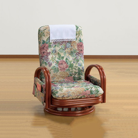 天然籐リクライニングハイバック回転座椅子 ロータイプ 座椅子 回転 肘掛け付き