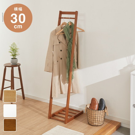 天然木 棚付き L型ハンガーラック 幅30cm ブラウン