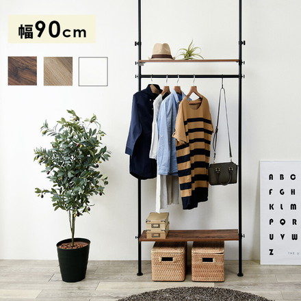 つっぱり ハンガーラック 幅90 突っ張り棚 収納 木目 突っ張り棒 棚 伸縮 調節 壁面収納 間仕切り ブラック/ブラウン
