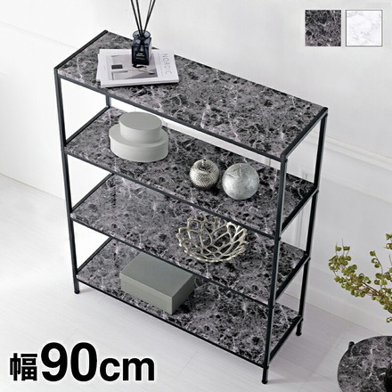 オープンラック 大理石調 4段 幅90 ディスプレイラック スチール シェルフ 飾り棚 収納ラック 本棚 セラミック柄 ホワイト