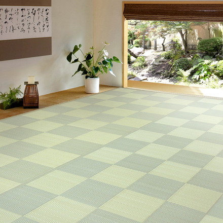 い草風カーペット 抗菌加工 174×174cm 洗える PP柄上敷き 倉間 花ござラグ 市松柄 保育園 グリーン[81947320]