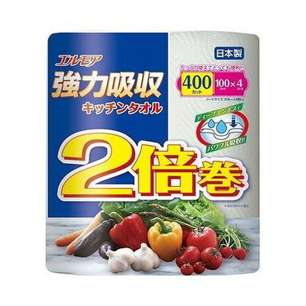 【単品8個セット】 カミ商事 エルモア 強力吸収キッチンタオル 2倍巻 4ロール 2枚重ね×100カット