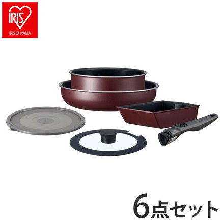 アイリスオーヤマ TERACOAT テラコート フライパンセット 6点セット EHDC-T6S ワインレッド 取っ手のとれる 着脱 フライパン 鍋 セット IRIS OHYAMA