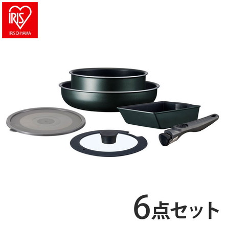 アイリスオーヤマ TERACOAT テラコート フライパンセット 6点セット EHDC-T6S ダークグリーン 取っ手のとれる 着脱 フライパン 鍋 セット IRIS OHYAMA