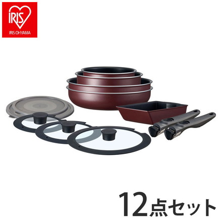 アイリスオーヤマ TERACOAT テラコート フライパンセット 12点セット EHDC-T12S ワインレッド 取っ手のとれる 着脱 フライパン 鍋 セット IRIS OHYAMA