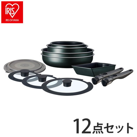 アイリスオーヤマ TERACOAT テラコート フライパンセット 12点セット EHDC-T12S ダークグリーン 取っ手のとれる 着脱 フライパン 鍋 セット IRIS OHYAMA